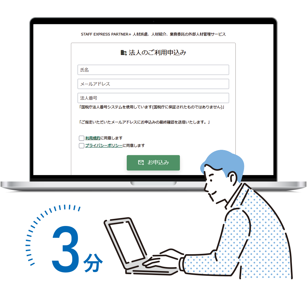 3分で利用申込完了するイメージ