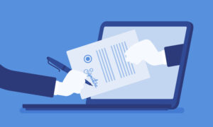 電子帳簿保存法の要件を解説するアイキャッチ画像。書類とデジタルデバイスのイラスト