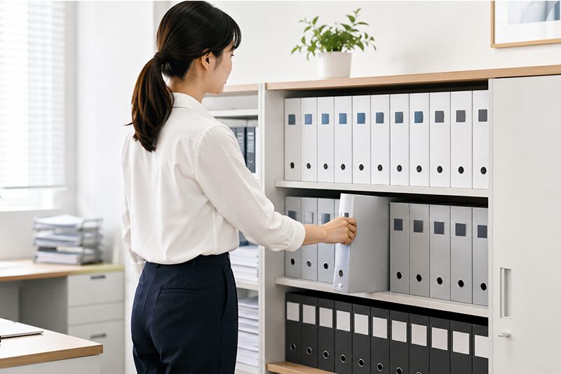 ファイリングキャビネットで派遣先管理台帳を3年間保管する様子