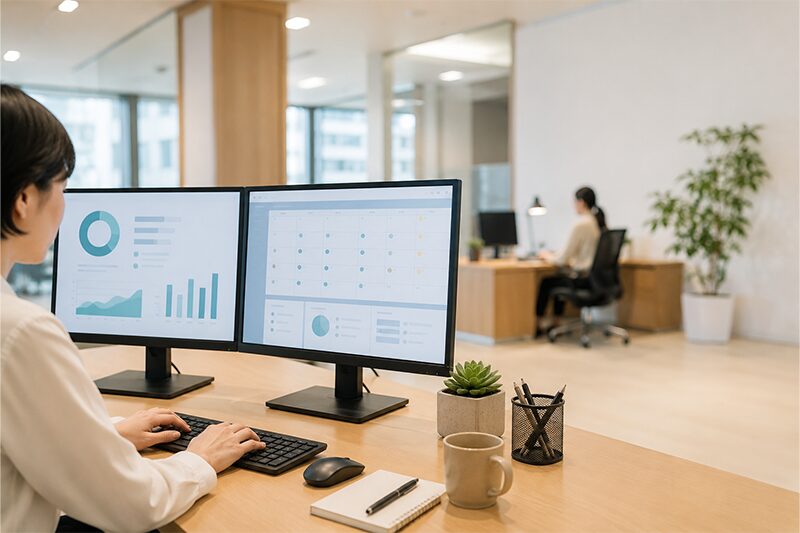 派遣元企業の人事担当者が社会保険管理業務をデスクで進めている様子