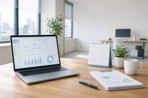 年次有給休暇管理簿の作成・運用イメージ｜書類とノートパソコンが並ぶ人事労務担当者のワークスペース