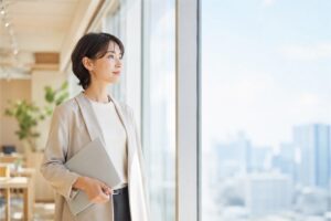派遣社員の社会保険ガイドのメインビジュアル｜明るいオフィスの窓辺で前向きに働き方を考える派遣社員の様子