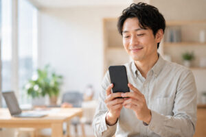 給与前払いサービスをスマートフォンから申請する派遣社員のイメージ