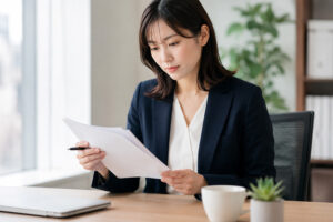デスクで就業条件明示書を確認する派遣社員の女性