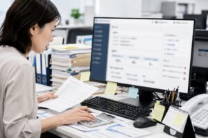 派遣管理システムで業務を行う経理担当者